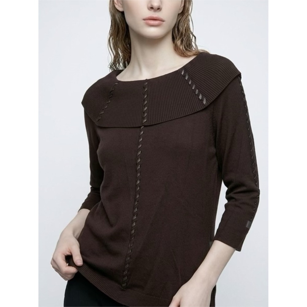 Nygard Collection Brown Portrait Collar Whipstitch Knit Sweater 3/4 Sleeve L